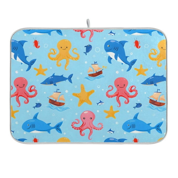 Octopus Fish Ship Starfish Dish Drying Mat 16x18 Absorbent Microfiber Draining Rack Pad for Kitchen Counter Sink