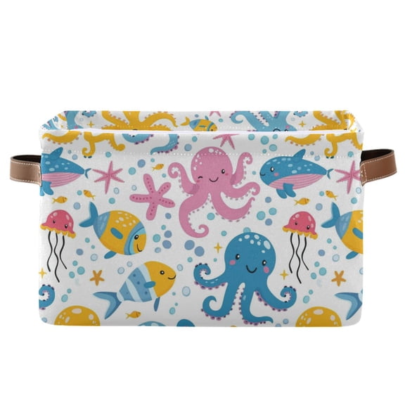 Octopus Fishes Jellyfish Starfish Storage Bins with Handle Fabric Organizer Basket Foldable Box 1 Pack 14.2x10.2x8.3