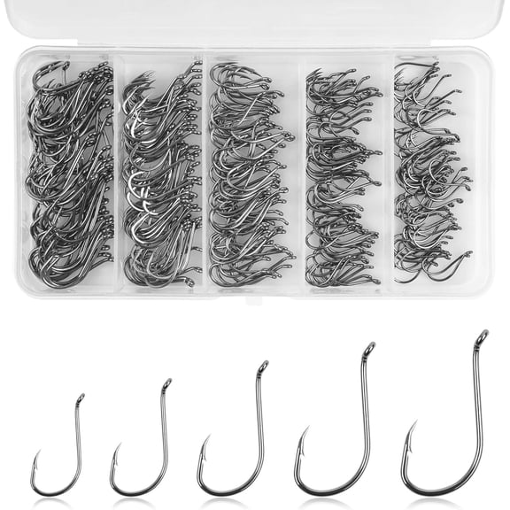 Octopus Fishing Hooks, 300 count Circle Hooks J Hooks Saltwater Octopus Beak Offset Fishing Hooks Black High Carbon Steel for Bass Trout Fishing