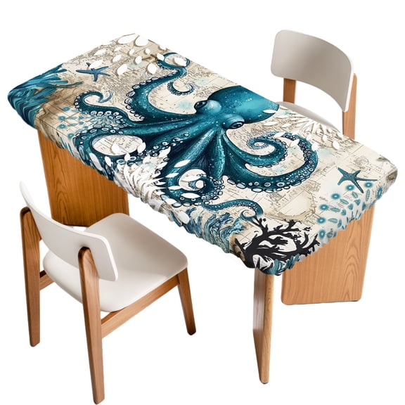 Octopus Fitted Rectangle Tablecloth 24" x 36" Nautical Navy Blue Kraken Coral Vintage Coastal Map Elastic Table Cloth Fits for 3 Foot Folding Tables Waterproof Table Cover for Picnic Camping Outdoor