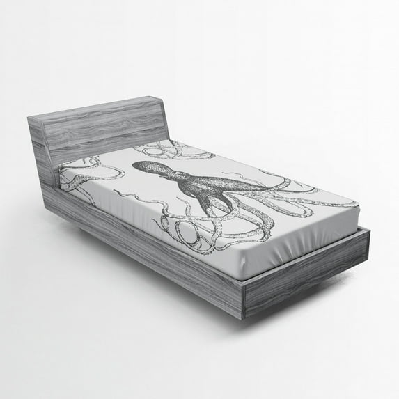 Octopus Fitted Sheet, Ocean Inspired Sketch Art of an Animal with Long Tentacles Marine Life Undersea, Soft Decorative Fabric Bedding, Twin XL Size, Grey White, by Ambesonne