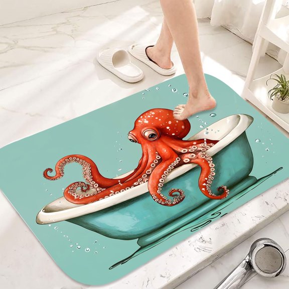 Octopus Flannel Bath Mat 16x24 Inches, Sea Life Soft Absorbent Non-Slip Bathroom Rug, Machine Washable Floor Mat for Shower