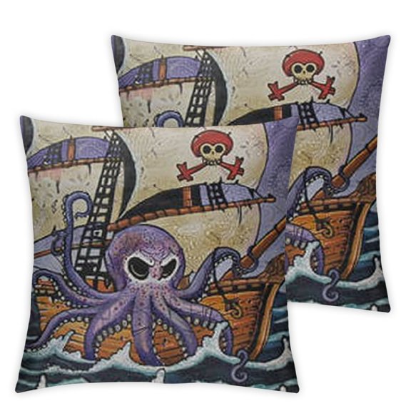 Octopus Flannel Fleece Pillow Cushion Cover, Cartoon Design of Tentacles Around Pirate Ship with Skull Flag Graphic, Decorative Square Accent Pillow Case,Lilac and Multicolor