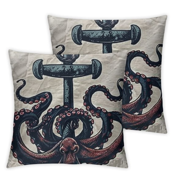 Octopus Flannel Fleece Pillow Cushion Cover, Monster Octopus Tentacles with Anchor Nautical Cartoon Print of Kraken Retro Style, Decorative Square Accent Pillow Case,White Teal