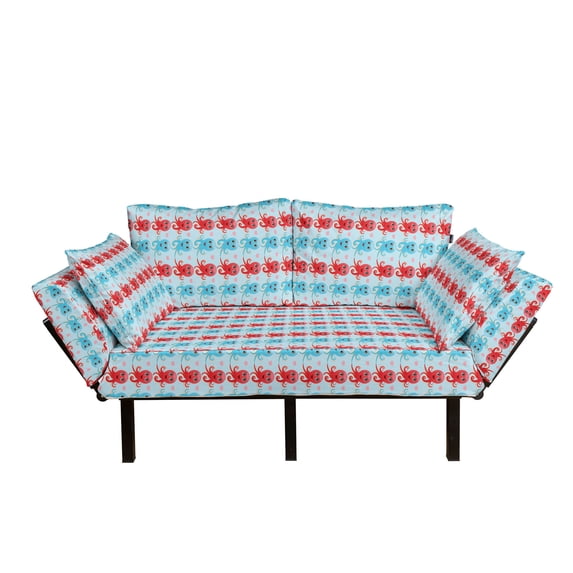 Octopus Futon Couch, Heart Shapes Love Themed Marine Inspired Animal Pattern Happy, Daybed with Metal Frame Upholstered Sofa for Living Dorm, Loveseat, Dark Coral Pale Blue, by Ambesonne