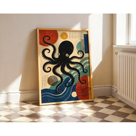 Octopus Geometric Ocean Art Modernist Coastal Abstract Sea Mid Century ...