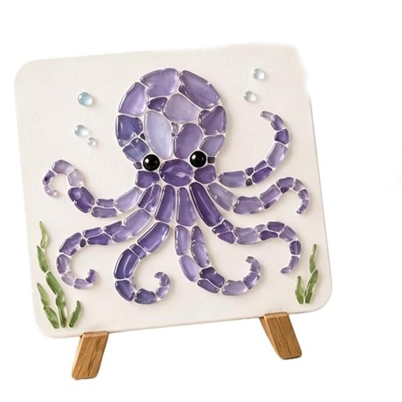 Octopus Glass Collage Decor Ornament, Underwater Themed Desktop Display with Solid Wood Stand, Ocean Style Home Decoration Craft Gift