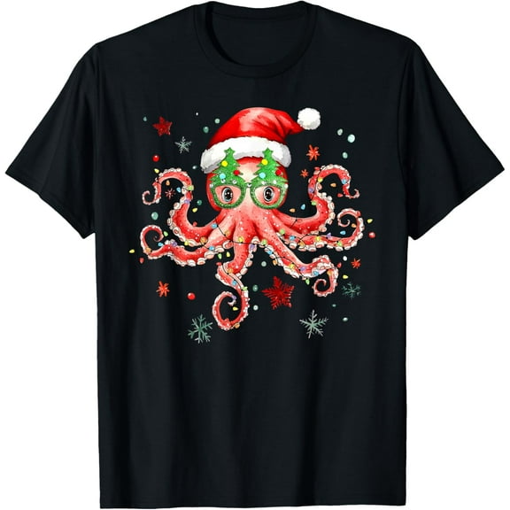 Octopus Glasses Santa Hat Christmas Light Ocean Animal Xmas T-Shirt