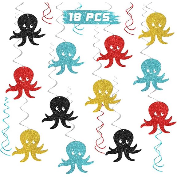 Octopus Hanging Swirls Ocean World Party Swirls Supplies Sea Animal Octopus Party Foil Ceiling Decoration Supplies 18 PCS Glitter