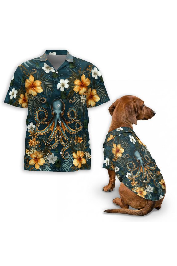 Octopus Hawaiian Shirt, Tropical Sea Life Aloha Shirt, Ocean Octopus Floral Print Hawaiian Shirt, Unisex Short Sleeve Button Down Shirt S–5XL