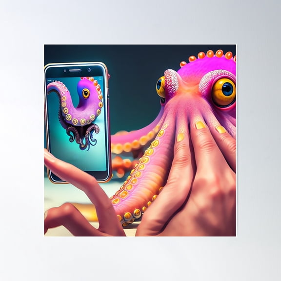 Octopus Human Hand Taken A Selfie Poster Wall Art, Modern Wall Decor For Living Room Bedroom, 24x24 UNFRAMED