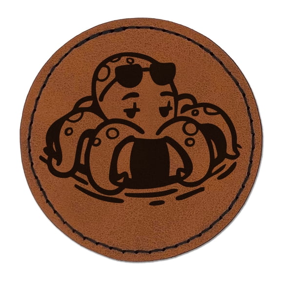 Octopus Inflatable Swim Tube Vacation Relaxing Chilling Round Iron-On Engraved Faux Leather Patch Applique - 2.5 Inch - Brown
