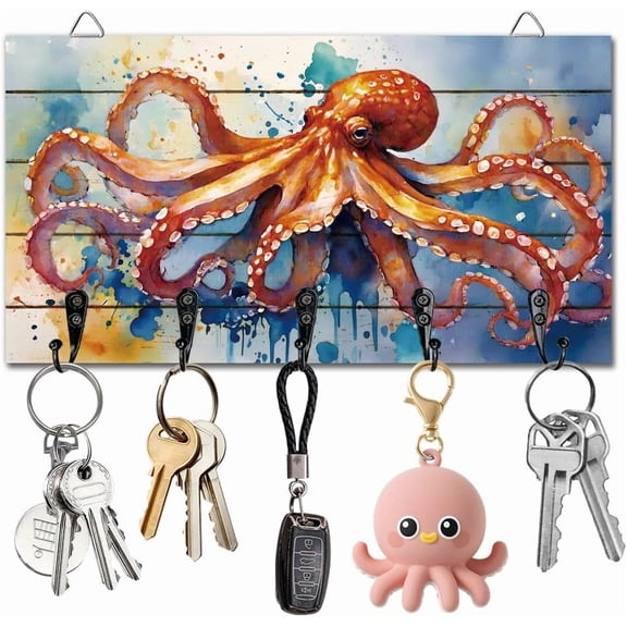 Octopus Key Holder Wall Mounted Display Wooden Key Racks with 5 Metal Hooks Keys Hanger Storage Organizer for Wall Decorative Door Entryway Hallway Kitchen New Home Gift