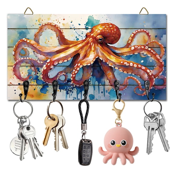 Octopus Key Holder Wall Mounted Display Wooden Key Racks with 5 Metal Hooks Keys Hanger Storage Organizer for Wall Decorative Door Entryway Hallway