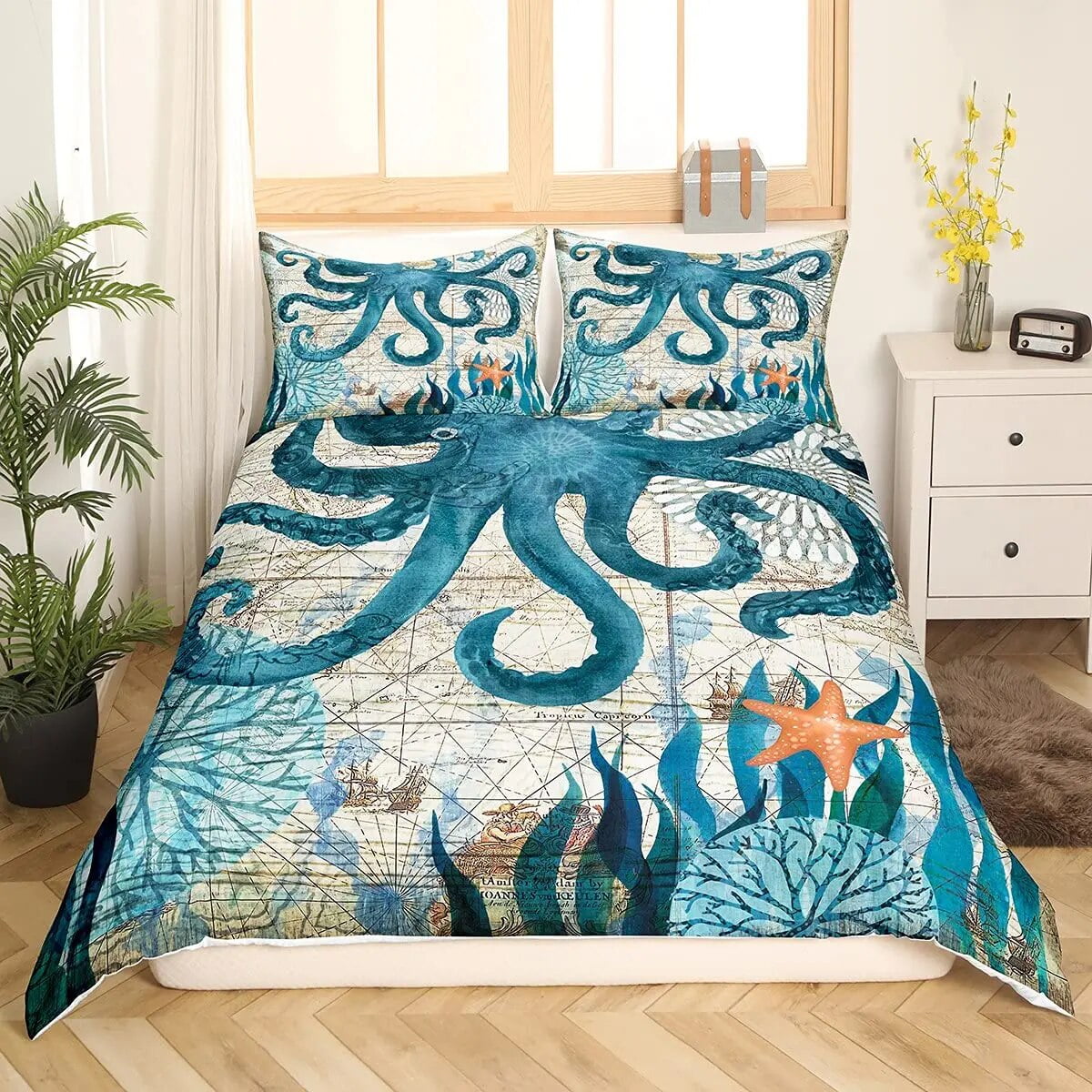 Octopus King Duvet Cover Sea Life Bedding Set Ocean Animal 2/3pcs Quilt