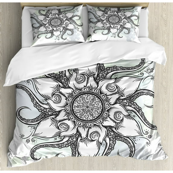 Octopus King Size Duvet Cover Set, Trippy Nautical Mandala Abstract Artwork with Tentacle and Floral Elements Design, Decorative 3 Piece Bedding Set with 2 Pillow Shams, Grey White, by Ambesonne