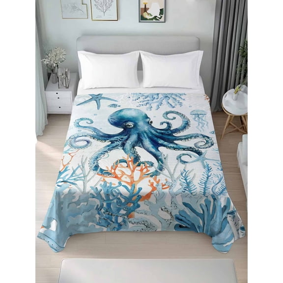 Octopus King Size Flat Sheet, Wrinkleproof & Fadeproof Cooling Flat Bed Sheet Only, Blue Coastal Starfish Ocean Coral Nautical Breathable Soft Bedding Top Sheets 105 x 98 Inches