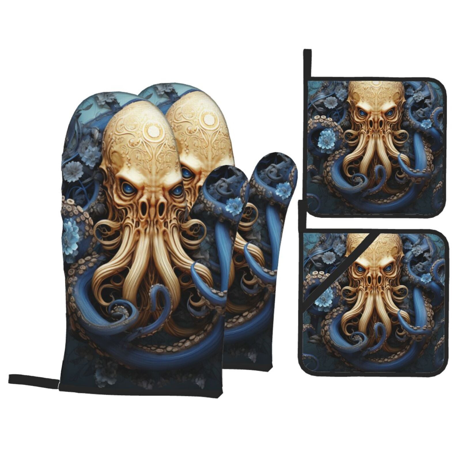 Octopus Kraken Monster Art Vintage 4Pcs Oven Mitts and Pot Holders Sets Oven Kitchen Gloves Hot Pads for Cooking BBQ Baking Grilling