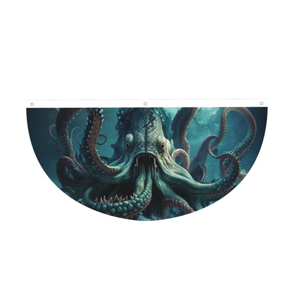 Octopus Kraken Monster Ocean Art Semi-Circle Bunting Banner 1.5x3 Ft, Half Fan Flag for Porch Garden Party Decor, 3-Grommet Ready to Hang