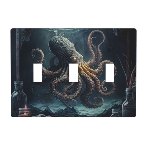 Octopus Kraken Monster Vintage Cool 3 Gang Light Switch Cover Decorative Triple Toggle Wall Plate for Kitchen Bedroom Bathroom Living Room Decor