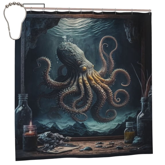 Octopus Kraken Monster Vintage Cool Shower Curtain with 12 Iron Hooks Washable Polyester Fabric Bathroom 72x72 Inch