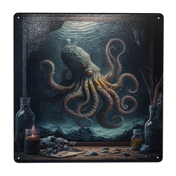 Octopus Kraken Monster Vintage Cool Square Metal Sign 12x12 Inch Tin Sign Wall Decor Decorative Plaque for Bar, Cafe, Restaurant