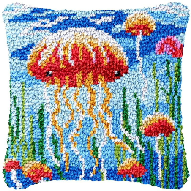 Octopus Latch Hook Pillow Cover Kits for DIY Handmade Throw Pillow Cross Stitch Latch Hook Pillowcase Rug Kits with Preprinted Color Pattern Canvas Crochet Yarn Kits 17''X 17''(fv2)