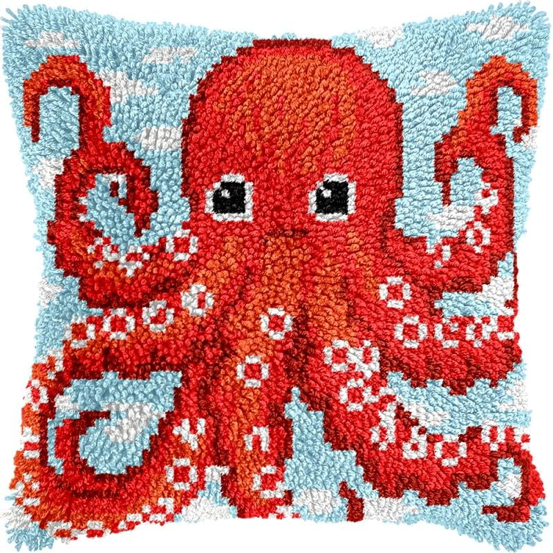Octopus Latch Hook Pillow Kits Pillow Cover with Pattern Printed Canvas Sofa Hooking Pillowcase Cushion Crafts Embroidery Latch Hooking Crochet Starter Kits 17x17 inch(1)