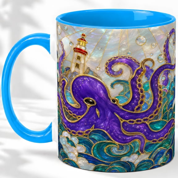 Octopus Lighthouse Accent Mug, 11oz Ceramic Coffee Cup for Sea Lovers