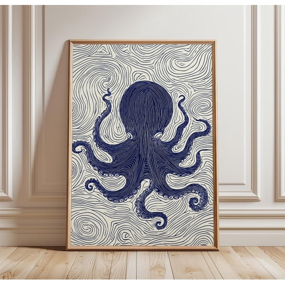 Octopus Linocut Poster Blue Ocean Animal Coastal Wall Art Decor, Unframed Poster