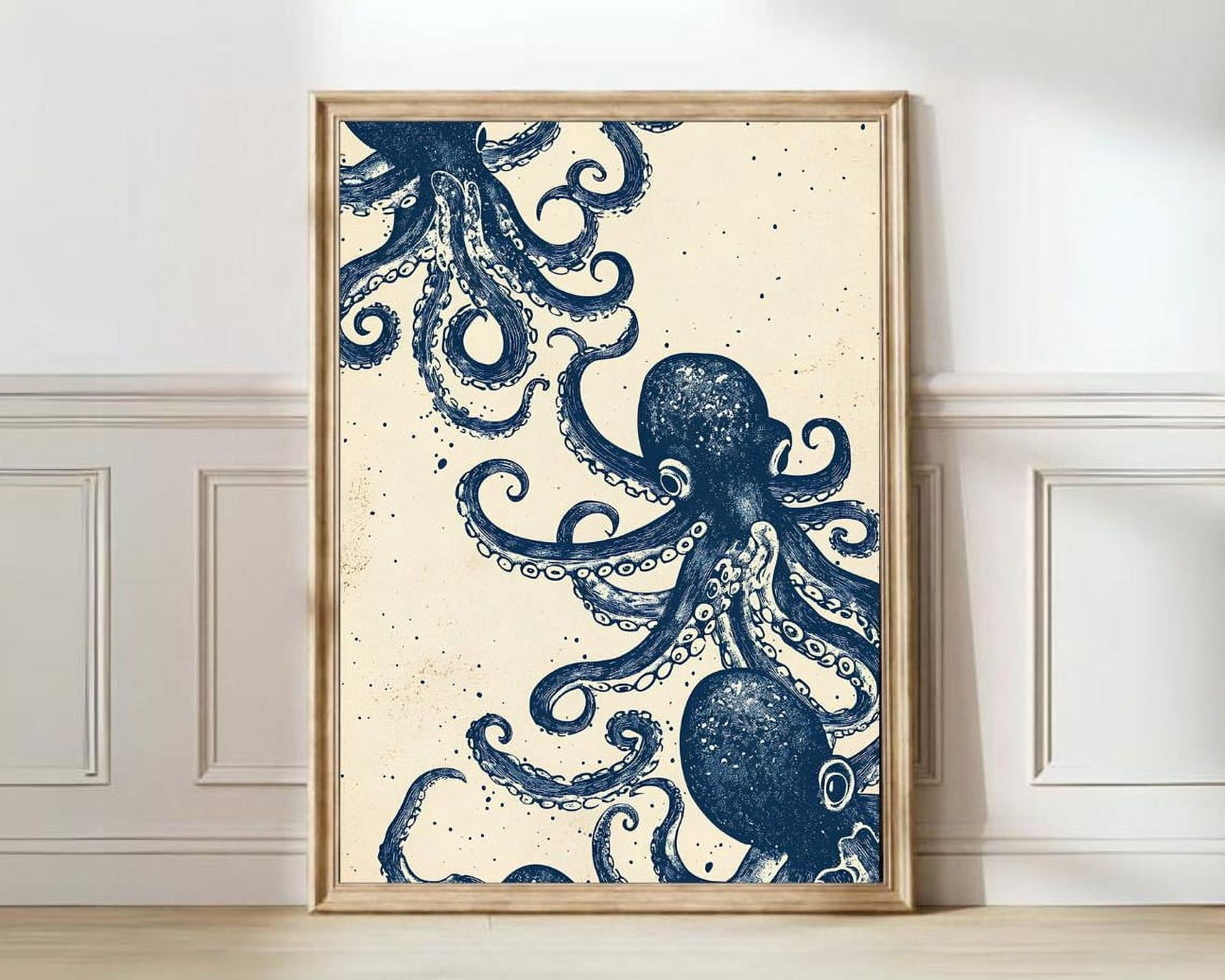 Octopus Linocut Vintage Retro Fish Ink Eclectic Colorful Nursery Poster ...