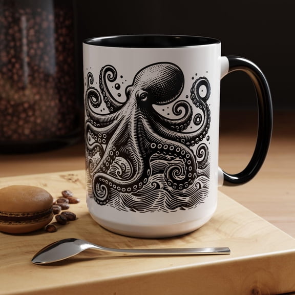 Octopus Linoprint Coffee Mug Nautical Beach House Decor Ceramic Coffee Mug Ocean Coffee Lo