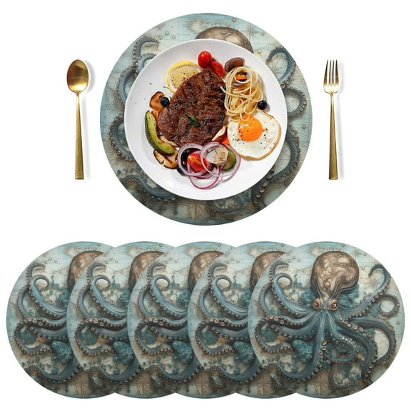 Octopus Map Black Round Placemats Plate Mats 15 Inch Non-Slip Heat Resistant Washable PVC Set Indoor for Kitchen Dining Table 4PCs