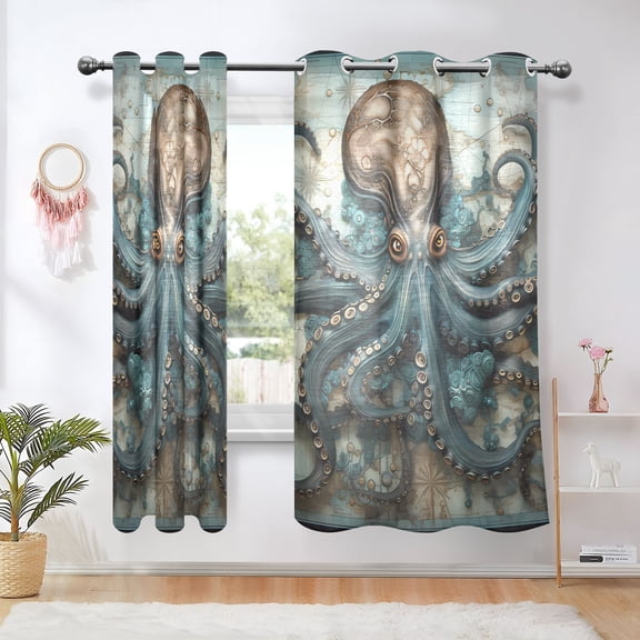 Octopus Map Blackout Curtains Thermal Insulation 63 inch Grommet for Bedroom Living Room Bathroom Kitchen Windows 2 Pack