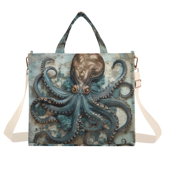 Octopus Map Corduroy Tote Bag Handbag Large Messenger Bag Shoulder Crossbody Zipper Bag Purse