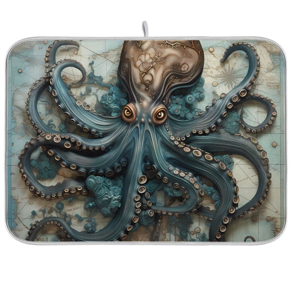 Octopus Map Dish Drying Mat Dish Drainer Rack Mats Water Absorbent Non-Slip Easy Clean Heat Resistant for Kitchen Counter