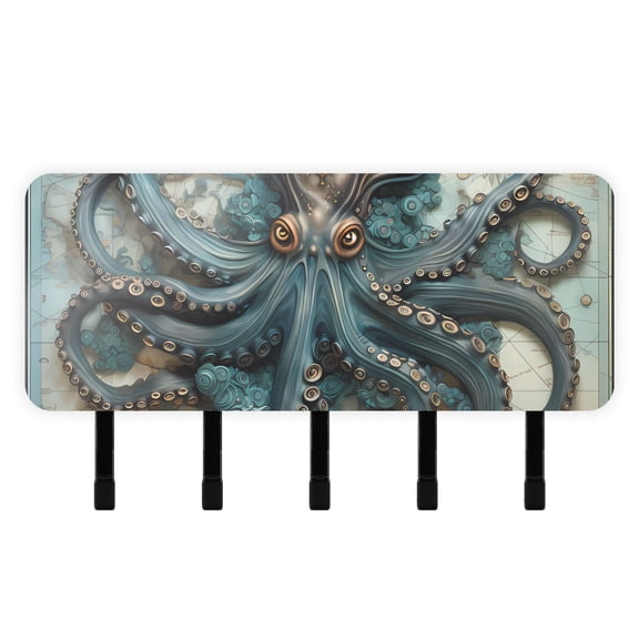 Octopus Map Mail Holder Organizer Wall Mount with Shelf Key Holder Key Rack with 5 Key Hooks for Wall Decorative