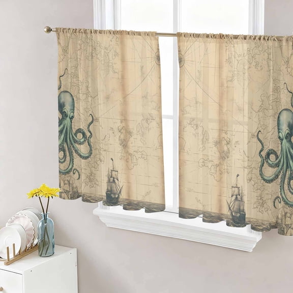 Octopus Map Sheer Curtains for Living Room Bedroom, Medieval Retro Light Filtering Sheer Curtain Rod Pocket Voile Window Treaments Drapes, 52 x 45 Inches