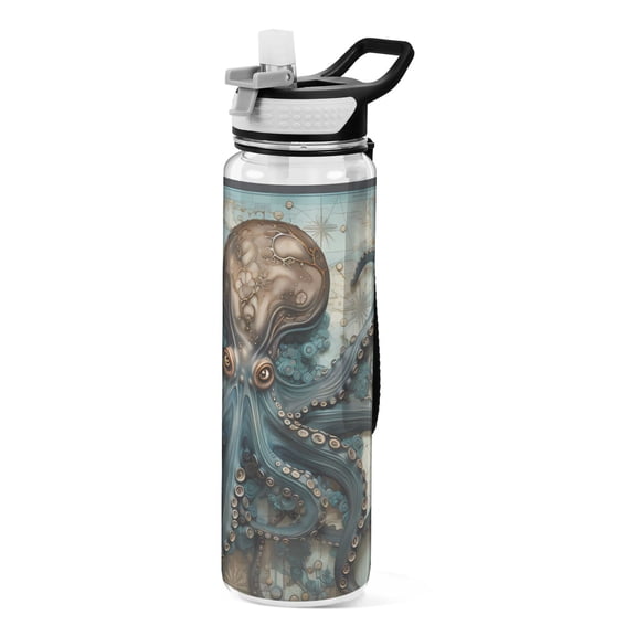 Octopus Map Sports Water Bottle Portable Travel Mug 32oz BPA Free Leak Proof Straw Transparent Tritan for Gym Yoga Cycling Camping