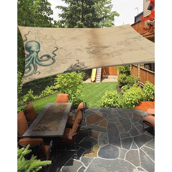 Octopus Map Sun Shade Sail 14'X18' Medieval Retro UV Block Outdoor Sail Shades Breathable Waterproof Rectangular Sunshade for Patio Garden Pool Pergola Porch