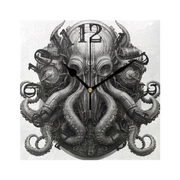 Octopus Mask Wall Clock Square Silent Non Ticking Battery Operated Clock for Home Bathroom Kitchen Bedroom Living Room