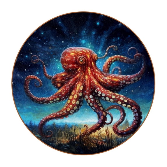 Octopus Microfiber Leather Car Coasters, Round Drink Absorbent Coaster Set of 6, 11x11 cm/4.3x4.3 in, Car Cup Holder Coasters for Car, Truck, SUV, Van