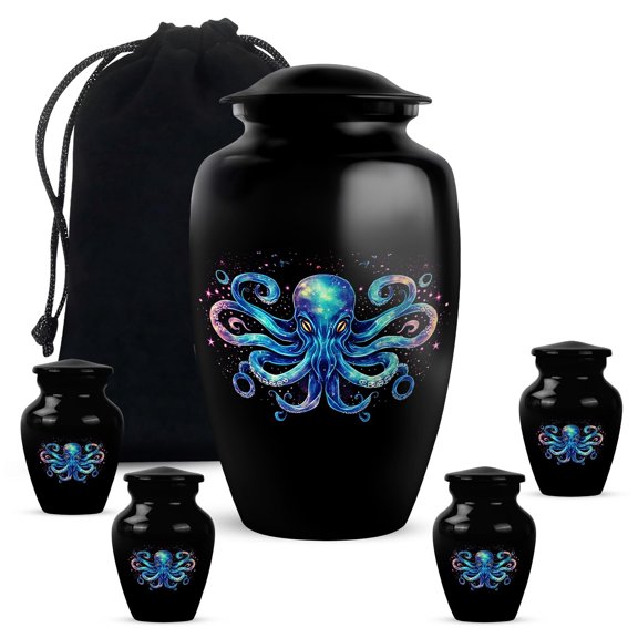 Octopus Mini Urn for Adult Human Ashes, Funeral Urns for Male & Female, Tiny Ash Holder, Small Keepsake Urn, Decorative Large Urns, Cremation Memorials, 10" & 3" Set of 5 Black