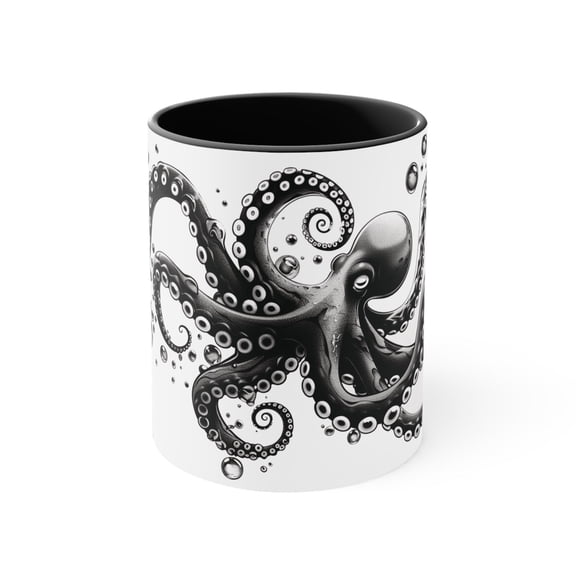 Octopus Mug, Black and White Boho Octopus Coffee Cup, Octopus Squid Ocean Creature Lover Gift for Him & Her, Japanese Style Kraken Mug 11oz