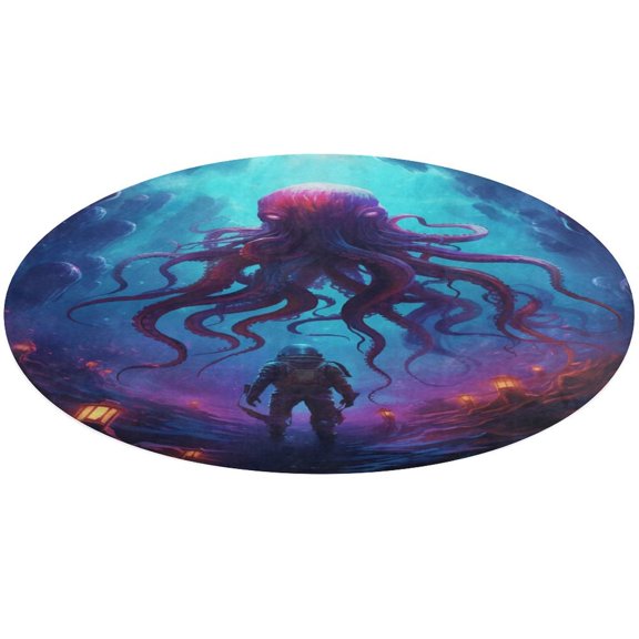 Octopus in The Mysterious Ocean Floral Medallion Round Rug - Small Round Area Rug, Soft Non-Slip Machine Washable Bedroom Mat Indoor Accent Entry Carpet for Office Desk Dorm Hallway