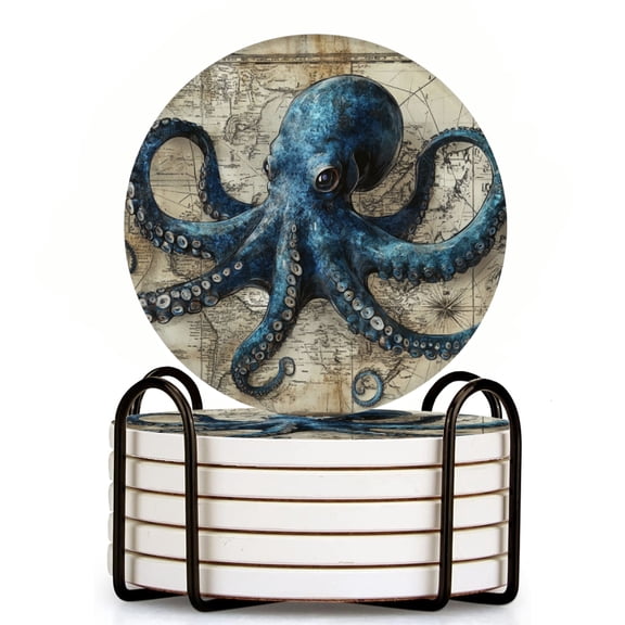 Octopus On Nautical Maps Set of 6 Ceramic Coasters with Holder, Absorbent Drink Bar Coasters, Table Coasters for Living Room Decor Tabletop Protection
