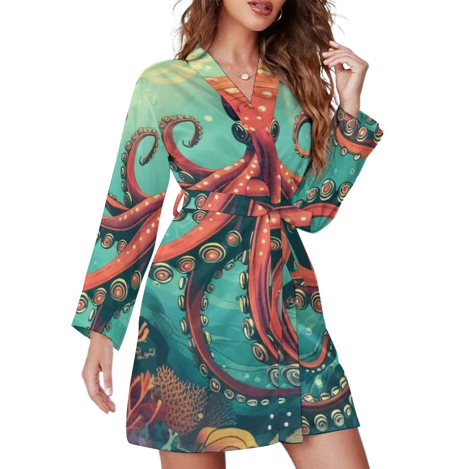 Octopus Night Robe Long Sleeve V Neck Robe With Belt Women's Sleepwear ...