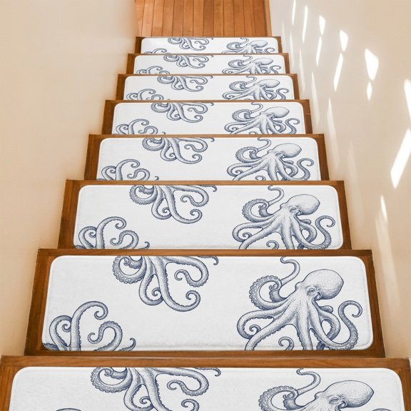 Octopus Non-Slip Stair Treads for Wooden Steps, 15 Pack 8x30 Inches Carpet Stair Mats with Adhesive Backing, Noise-Reducing Step Covers for Indoor Stairs, Easy to Install & Residue-Free