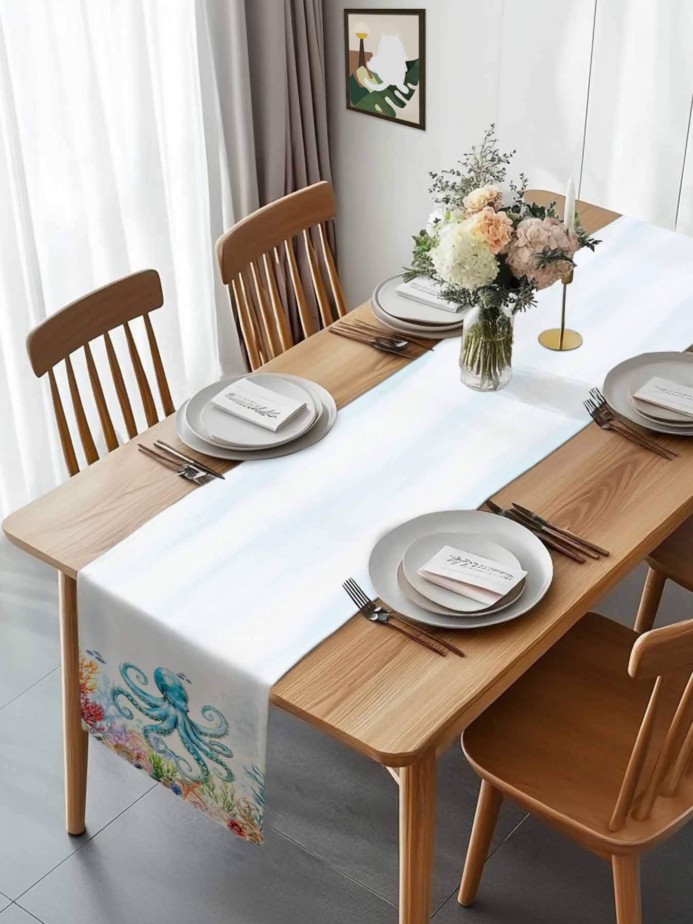 Octopus Ocean Coral Starfish Table Runner 90 Inches Long, Sea Monster Underwater World Table Runners Tabletop Scarf Kitchen Dining Tables Decoration for Home Party Indoor Outdoor