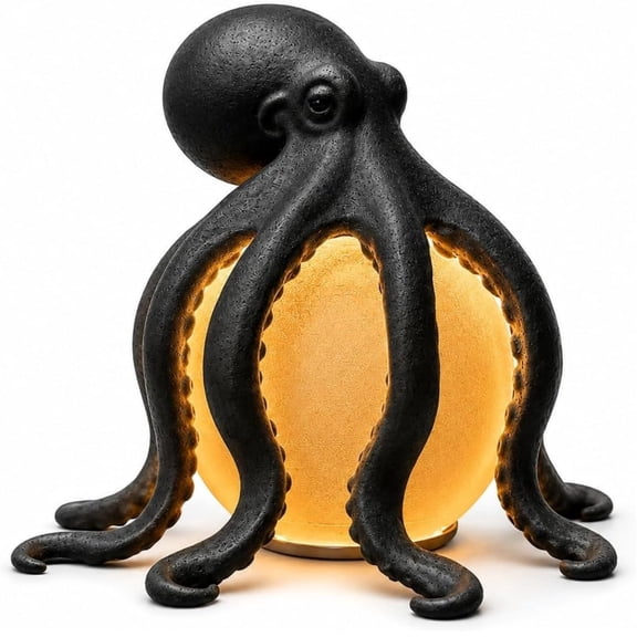 Octopus Ocean Decor Table Lamp, Sculptural Octopus Resin Lamp with Warm LED Glow, Warm Glow Coastal Nautical Accent for Bedside Living Room Shelf, Beach House Gift